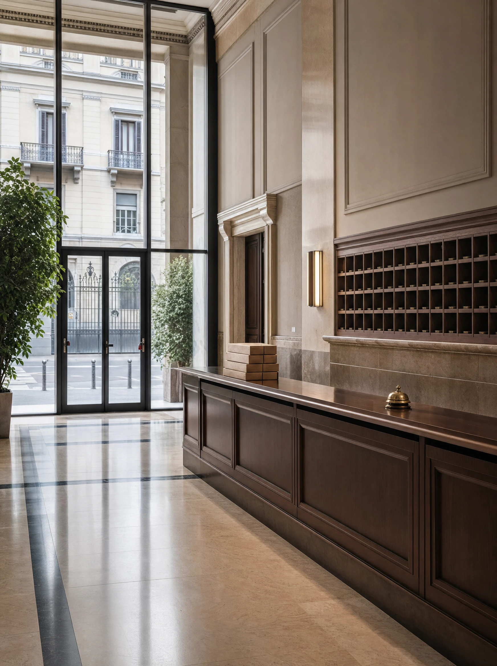 Reception di portierato in un palazzo milanese con pacchi custoditi e casellario