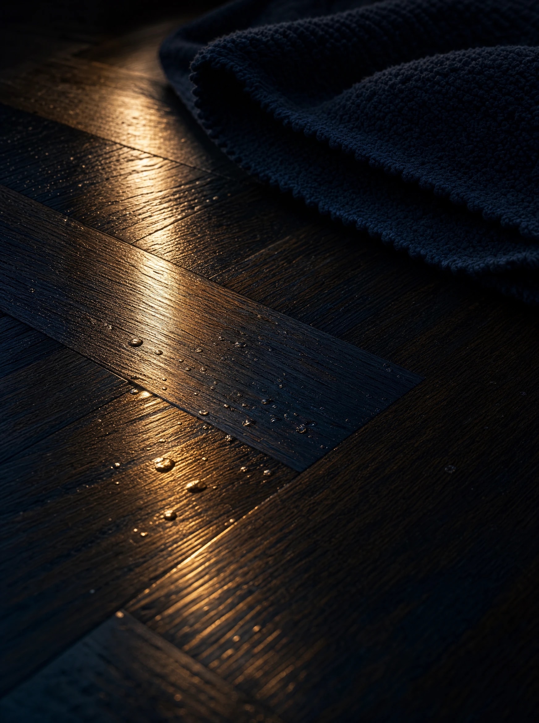 Dettaglio: parquet a spina di pesce lucidato con panno in microfibra
