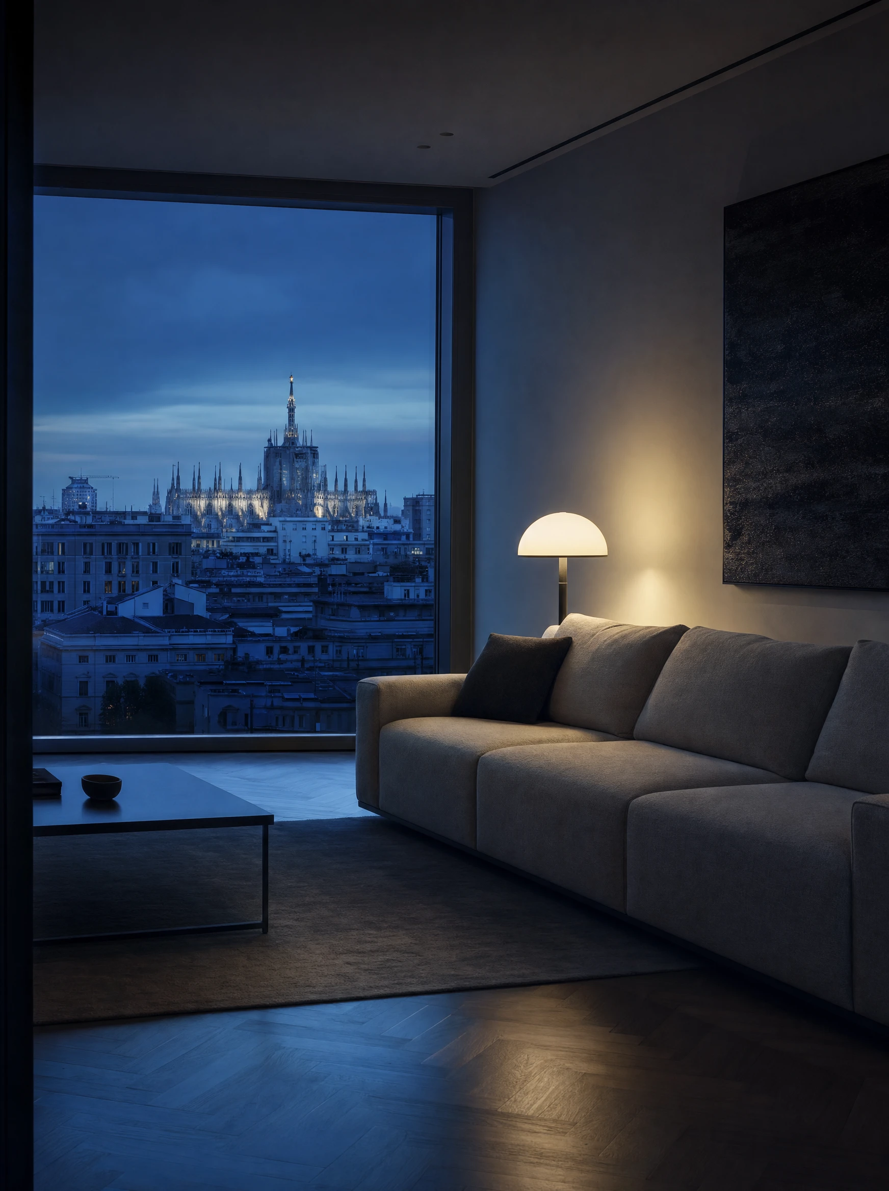 Living di un appartamento a Milano con vista Duomo dopo la pulizia MW Group