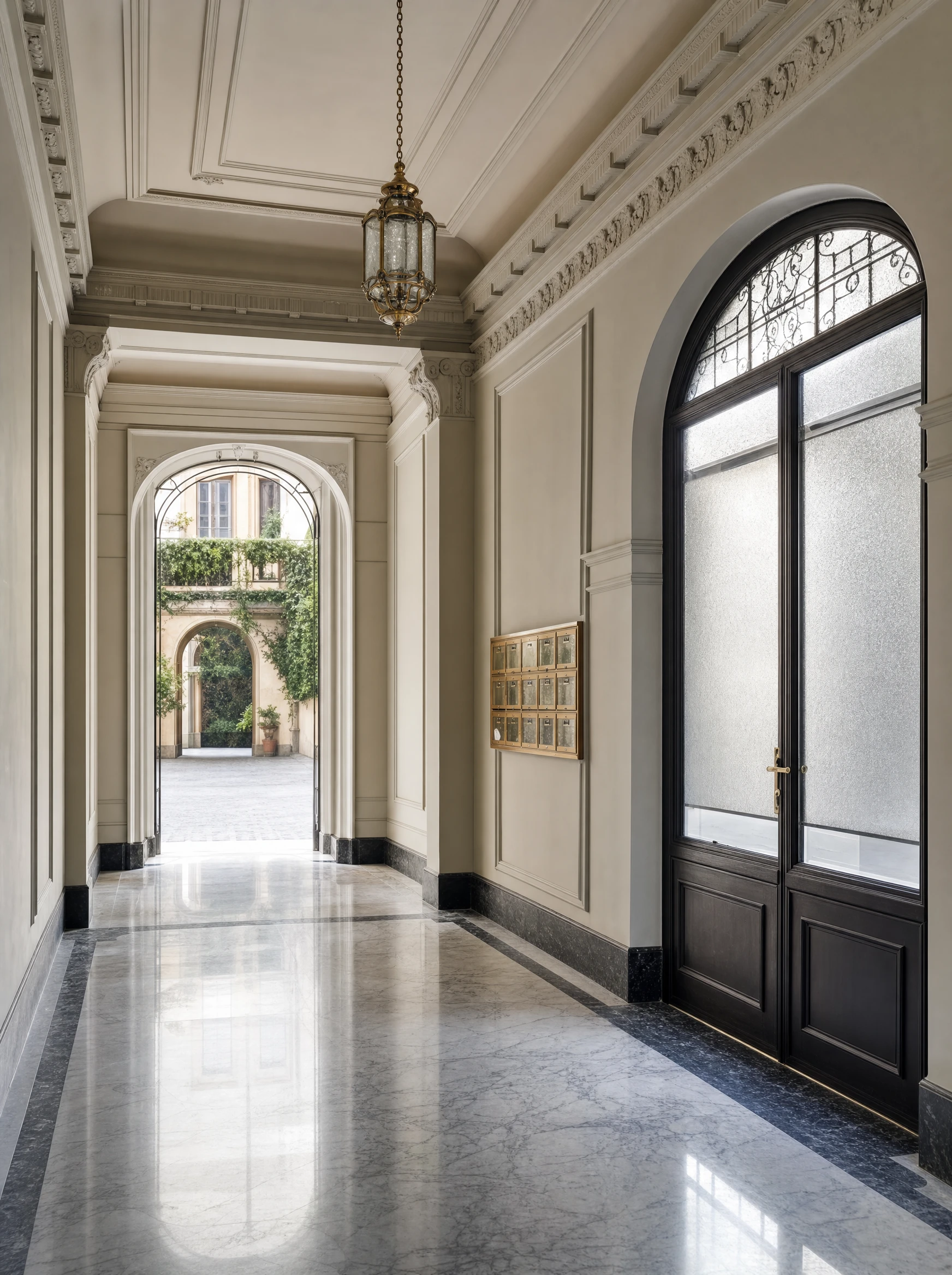 Androne di un palazzo milanese pulito e ordinato dopo l'intervento MW Group
