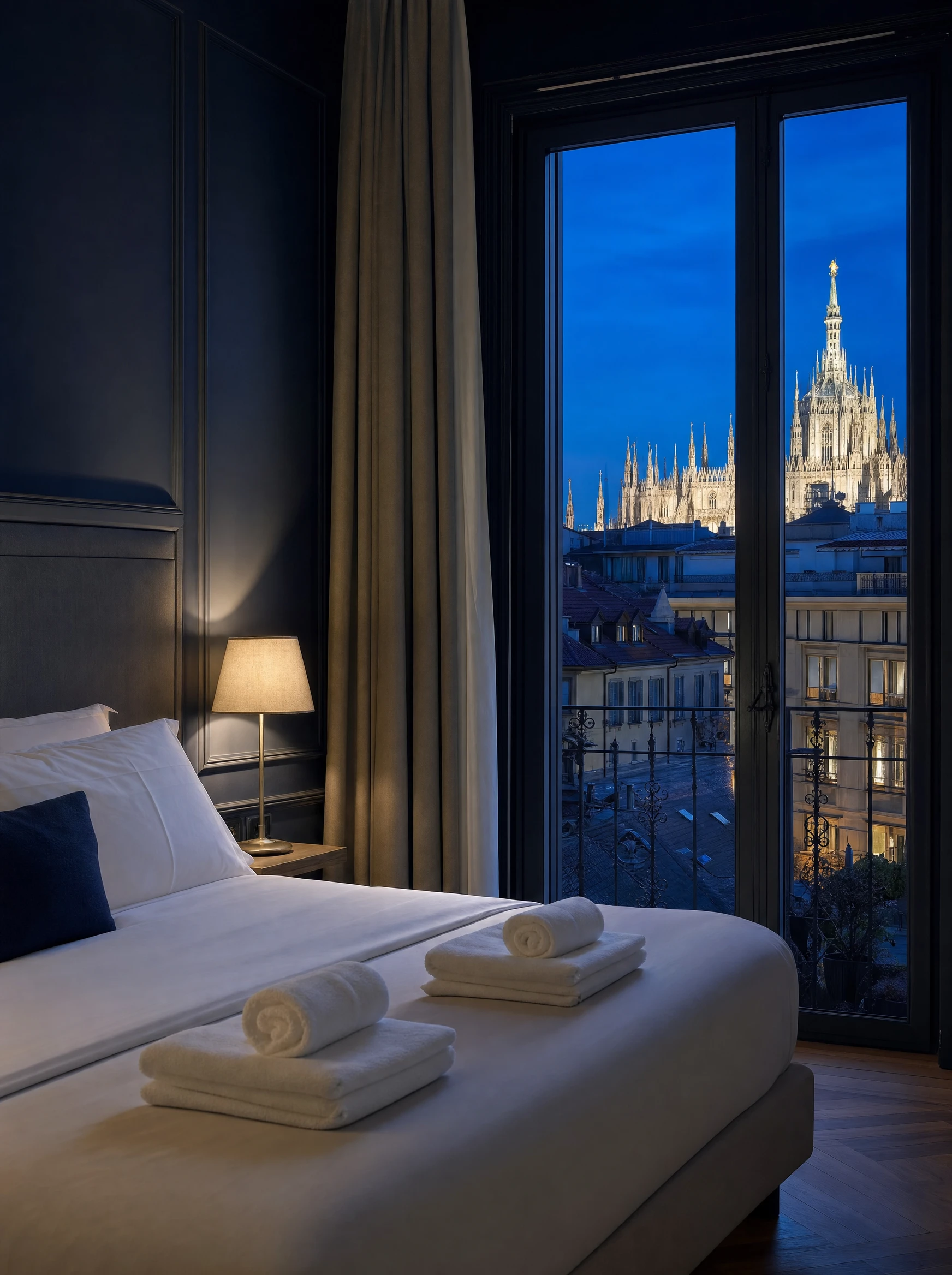 Camera di un affitto breve a Milano con vista Duomo, letto rifatto dopo il turnover MW Group